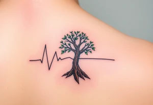 A heartbeat line flowing into a tree silhouette, with green leaves and brown bark, symbolizing the growth and strength of love tattoo idea