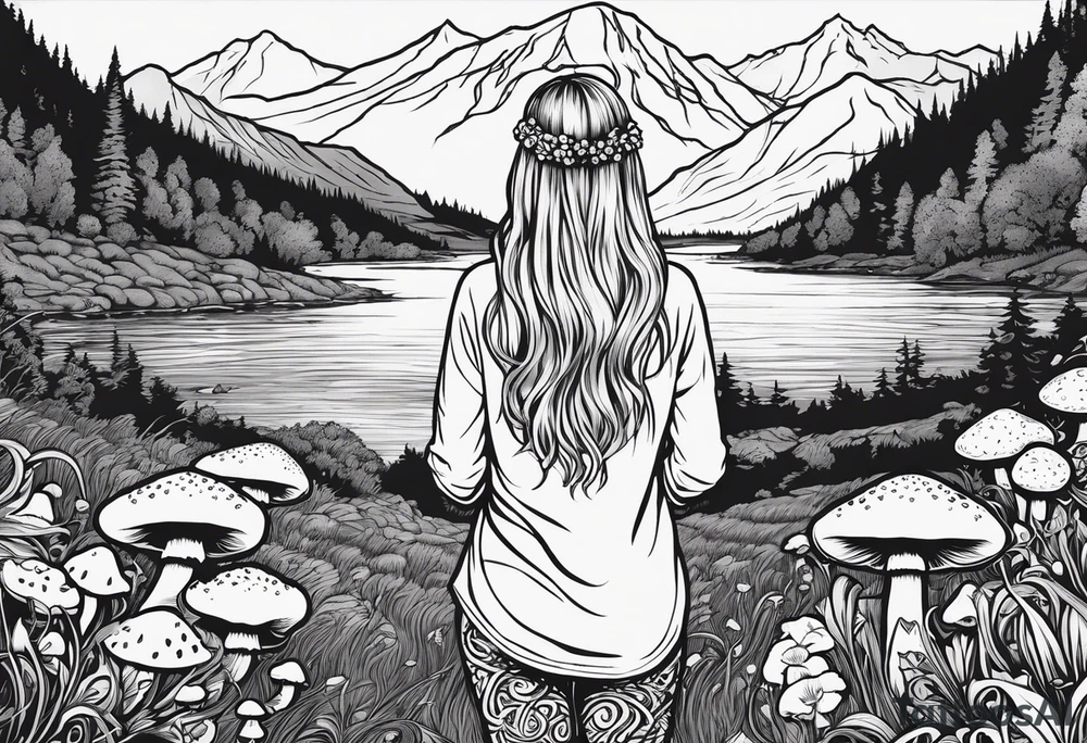 Whole picture encircled fully

Straight long blonde hair hippie girl in distance holding mushrooms in hand facing away toward mountains and creek surrounded by mushrooms long sleeve shirt and hiking pants; whole rendering within a full celtic circle border, no cut off circle tattoo idea