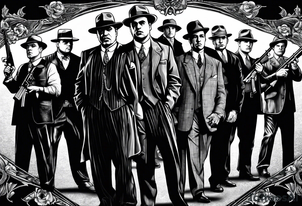 group of gangsters standing together including Al Capone, John Dillinger, Machine Gun Kelley, Bonnie and Clyde along with tommy guns tattoo idea