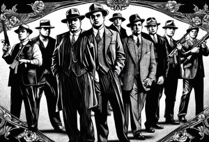 group of gangsters standing together including Al Capone, John Dillinger, Machine Gun Kelley, Bonnie and Clyde along with tommy guns tattoo idea