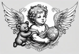 renaissance style cherub flying with teddy bear tattoo idea