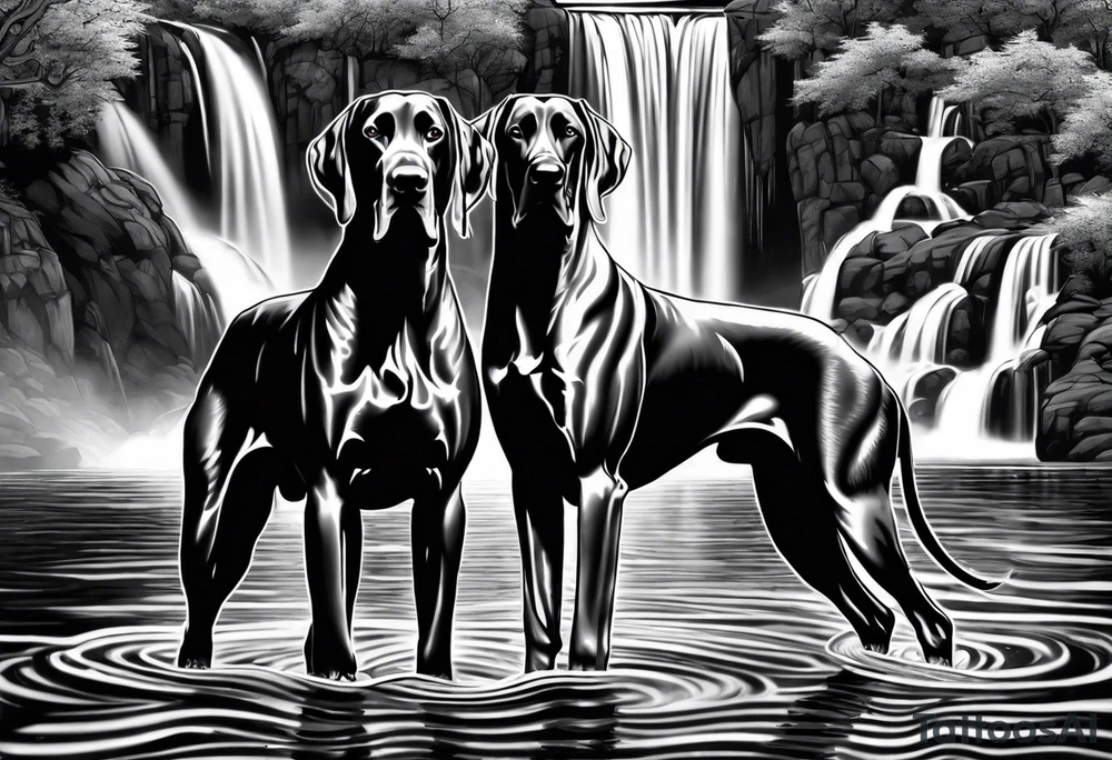 Arm sleeve- with four Great Danes in front of waterfall tattoo idea