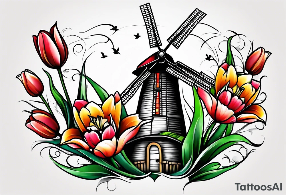 windmill and tulips tattoo idea