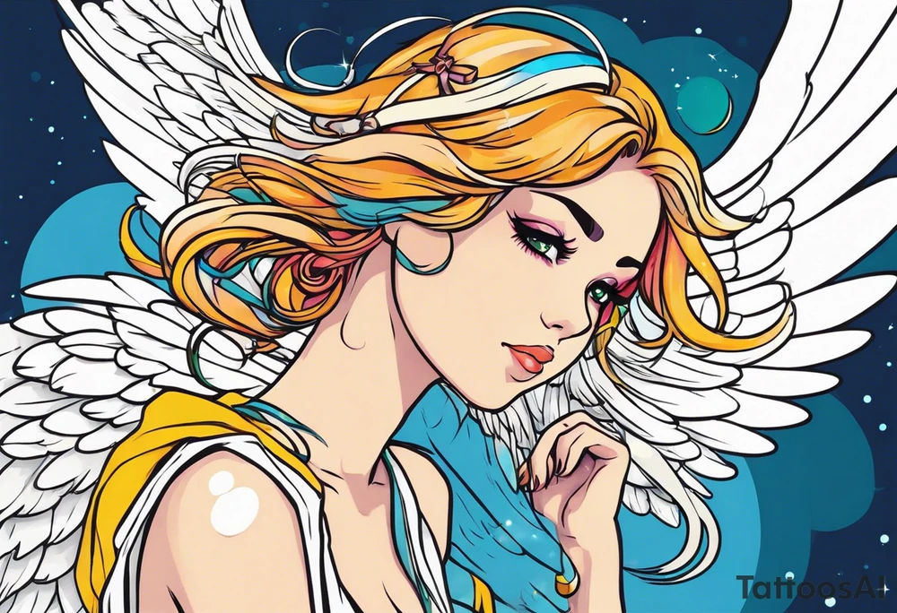 anime style art, girl angel side profile, with wings, with floating halo, anime style tattoo idea