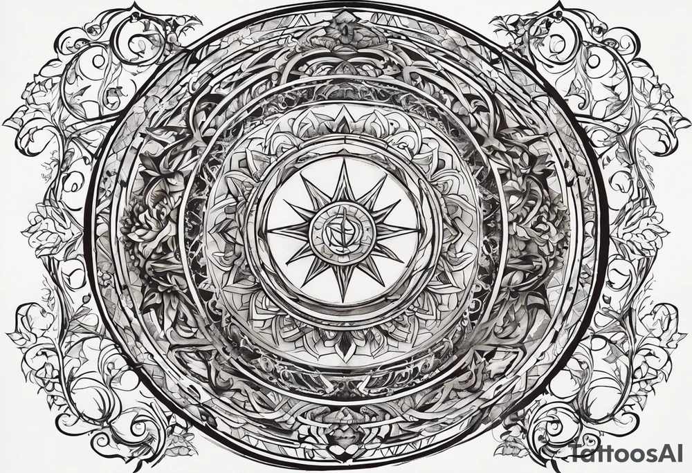Here's the translation of the request into English:

Create a sketch for a male tattoo that reflects the concept of life purpose and spiritual growth. The tattoo should symbolize the idea of a higher plan assigned to a person before birth, and the path of spiritual realization. Include elements that personify the Universe, higher powers, or divine origin. The image should convey forward movement along life's path and ascension to a higher level of consciousness. The tattoo style should be masculine and philosophical, suitable for placement on the forearm tattoo idea