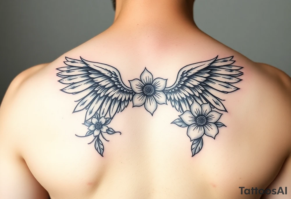 In memory of daddy angel wings and flowers tattoo idea