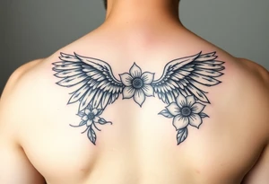 In memory of daddy angel wings and flowers tattoo idea