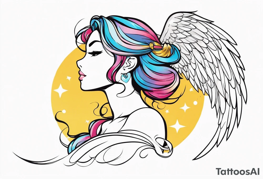 girl angel side profile, with wings, with floating halo, anime style tattoo idea