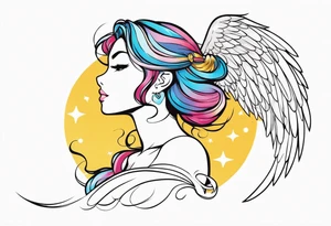 girl angel side profile, with wings, with floating halo, anime style tattoo idea
