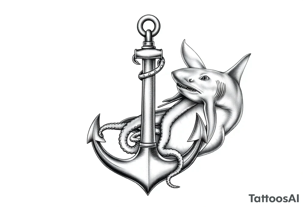 anchor with a pair of lung ingraved on it with an octopus who is holding the anchor and pulling doward on my forearm then on my upper arm and shoulder a hammerhead shark who is tied to the anchor and  pulling up on it tattoo idea