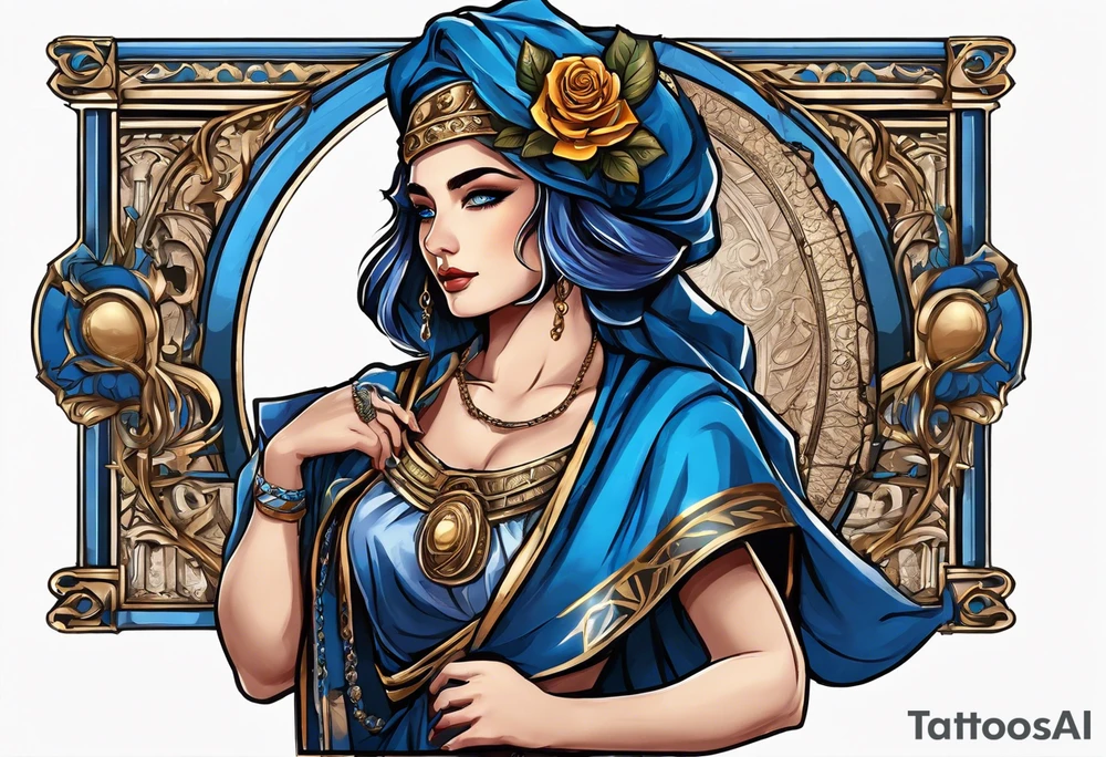 ancient rome clothes women, with ancient scale in one hand, blue rose frames, justicia tattoo idea