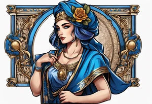 ancient rome clothes women, with ancient scale in one hand, blue rose frames, justicia tattoo idea