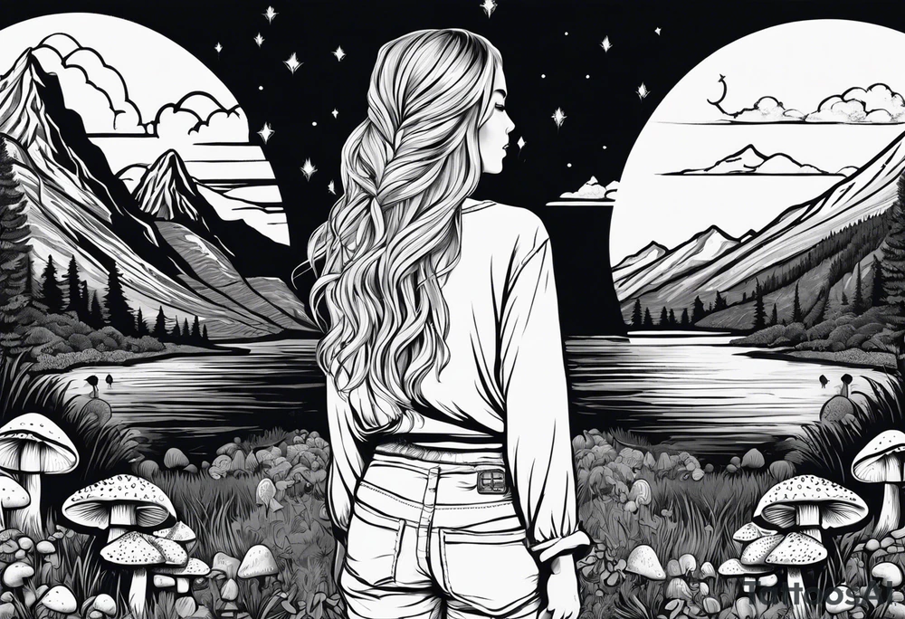 Whole picture encircled fully

Straight long blonde hair hippie girl in distance holding mushrooms in hand facing away toward mountains and creek surrounded by mushrooms long sleeve shirt and hiking pants; whole rendering within a full circle, no cut off circle tattoo idea