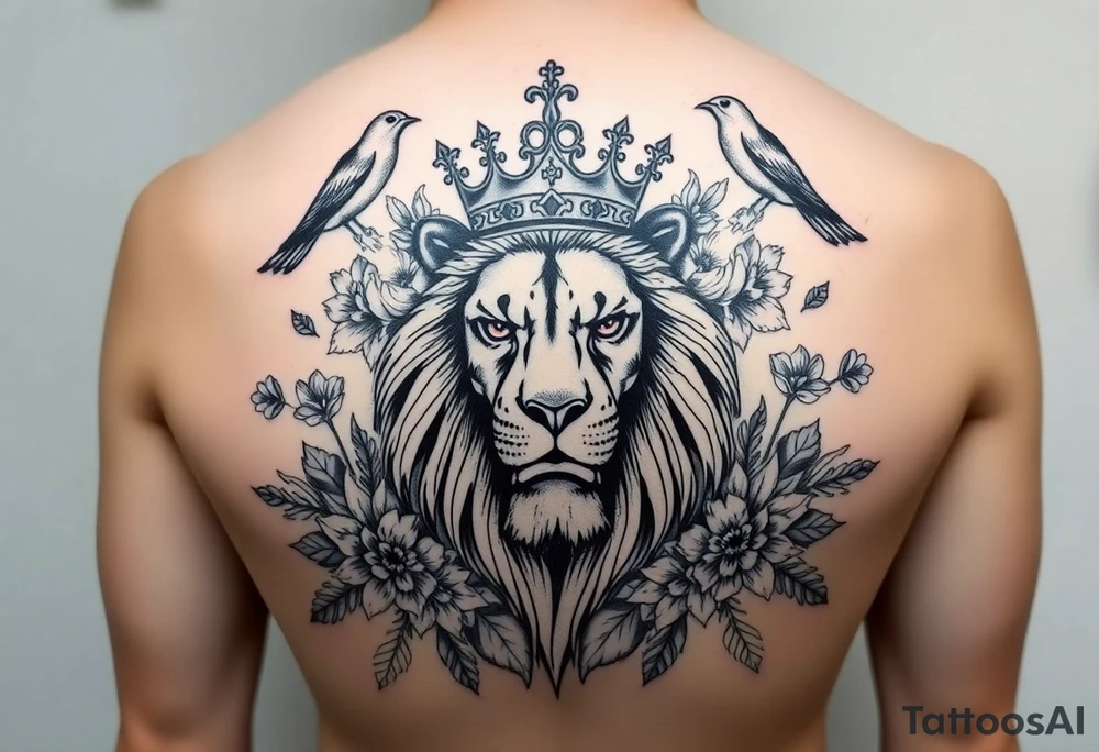 powerful majestic lion with a crown, surrounded by floral ornaments and birds tattoo idea