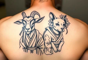 Feminine goat and dog dressed up as geisha warriors tattoo idea