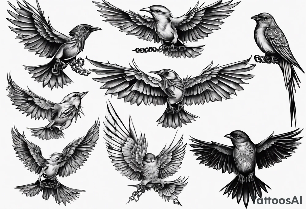 higly detailed bird breaking free from chains tattoo idea