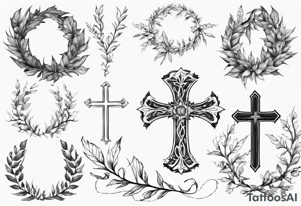 wreath leaves and the cross at the end of the leaves connecting tattoo idea
