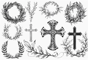 wreath leaves and the cross at the end of the leaves connecting tattoo idea