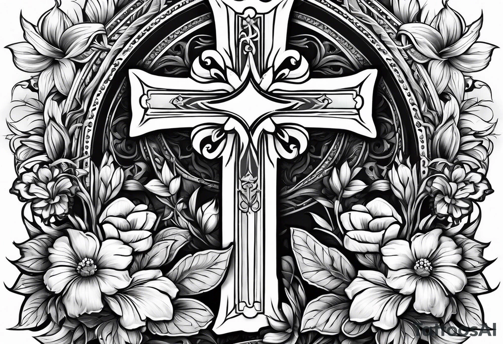 A wooden cross with 3 flowers surrounding it tattoo idea