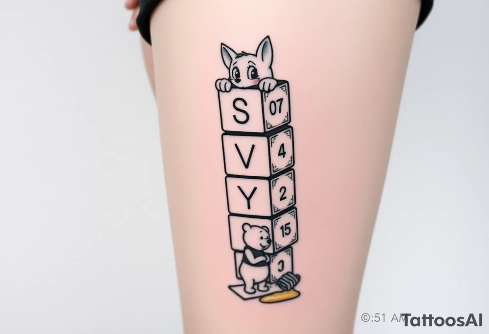 a thigh tattoo with alphabet blocks going down vertically stacked crooked but on the alphabet blocks,the name S E V Y N is alternated on the sides of all five blocks and 07 14 25 is alternated on the other sides of the blocks as well and on the top of the blocks Marie from the Aristocats peeking up looking showing her eyes, her bow on her head and her front pause and then on the bottom block then Winnie the Pooh standing on the ground, reaching up on the block for the honey that’s spilling off the side and on the left side not on the blocks to say 6 ounces 12 pounds 20 inches all lined up in a column going vertically starting with the 6 ounces 12 pounds and 20 inches in that order and then on the right side, not touching the blocks to say 3:51 AM. tattoo idea