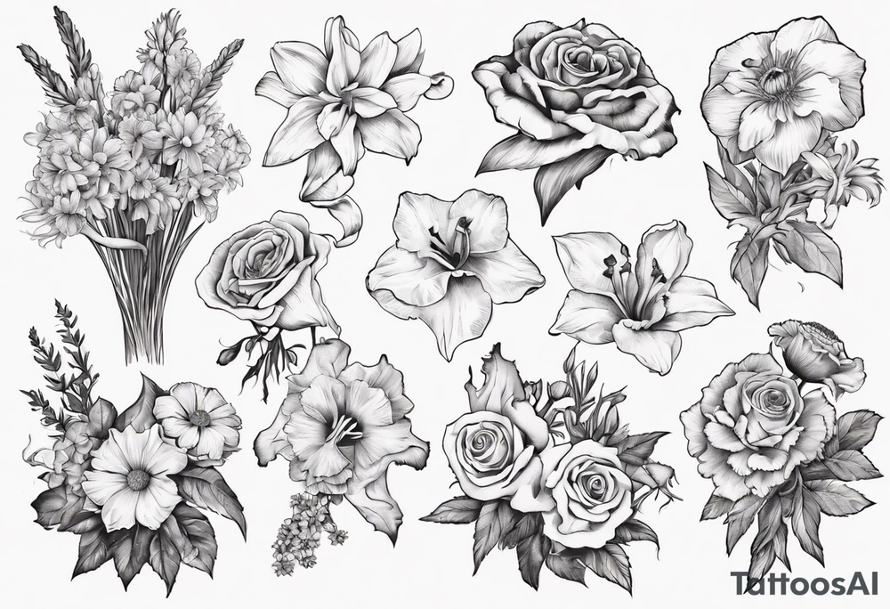 Flower bouquet with daffodil, rose, Larkspur, gladiolus, aster, marigold, chrysanthemum, narcissus tattoo idea