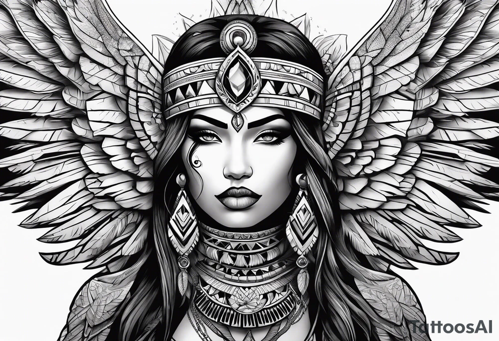 beautiful, kali, valkrye, goddess, native american, chest, left looking, wing tattoo idea