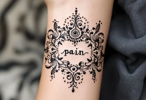 Indian style Henna tattoo for the inner wrist include the word pain in small font tattoo idea