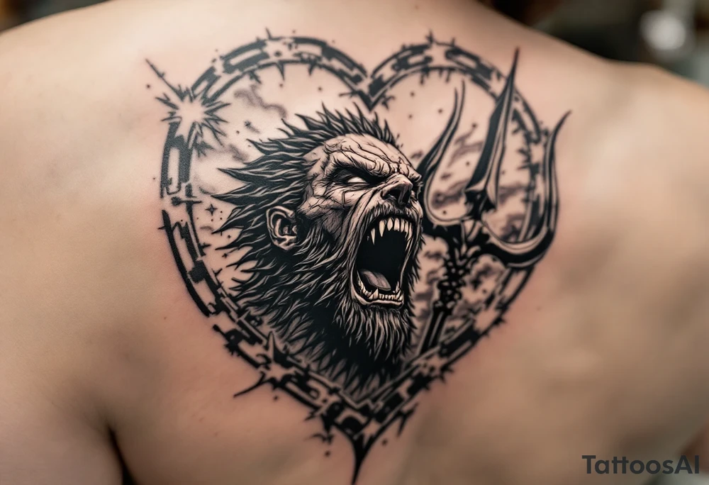 screaming poseidon, behind a trident, looking at the sky tattoo idea