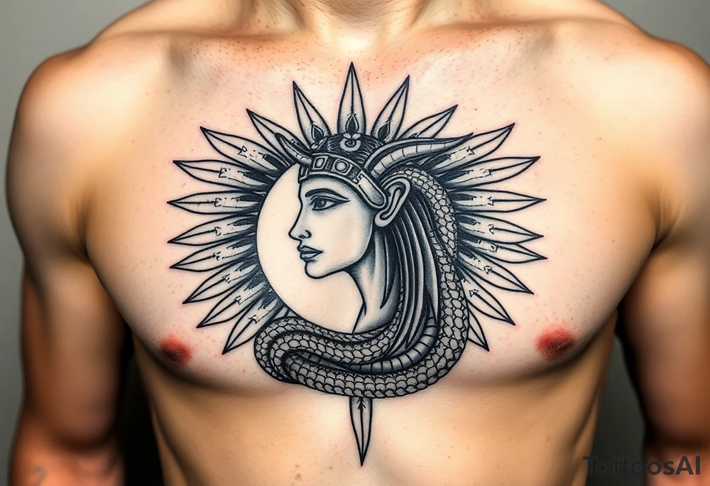 Ra en eclipse
Cabeza de halcón de Ra (dios del sol) con el disco solar eclipsado por una luna negra o una serpiente.

Sus alas extendidas como pechera que cruza el torso. tattoo idea