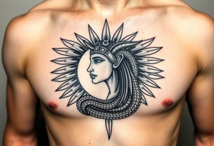 Ra en eclipse
Cabeza de halcón de Ra (dios del sol) con el disco solar eclipsado por una luna negra o una serpiente.

Sus alas extendidas como pechera que cruza el torso. tattoo idea