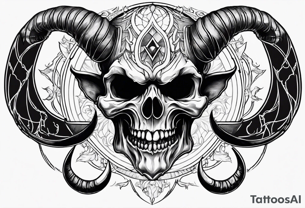 Devil skull  with hollow eyes and  horns holding the earth tattoo idea