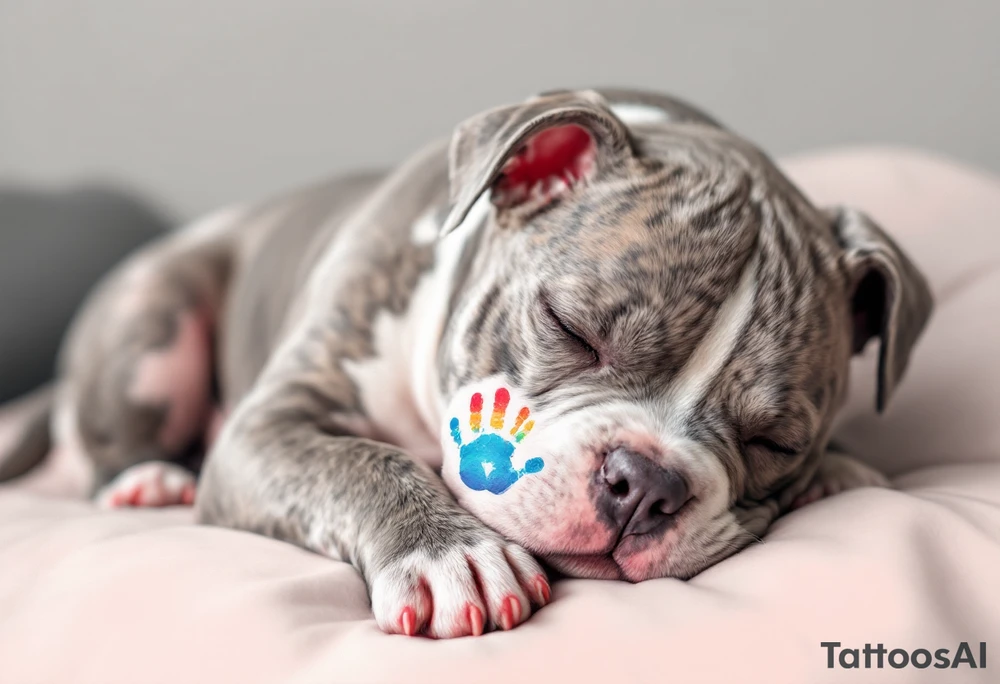 Staffbull with Child's Handprint
A peaceful Staffbull lying down with a small, colorful child’s handprint on its back or paw. Symbol of family and loyalty, done in grayscale with the handprint in soft watercolor tones (blue, pink, yellow). tattoo idea