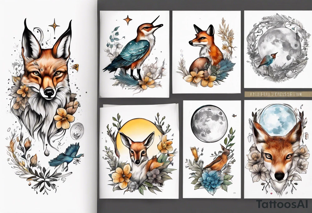 wasser, sonne, mond, fuchs, eule kolibri, wald, hirsch, blume des lebens, 
baum, berlin tattoo idea