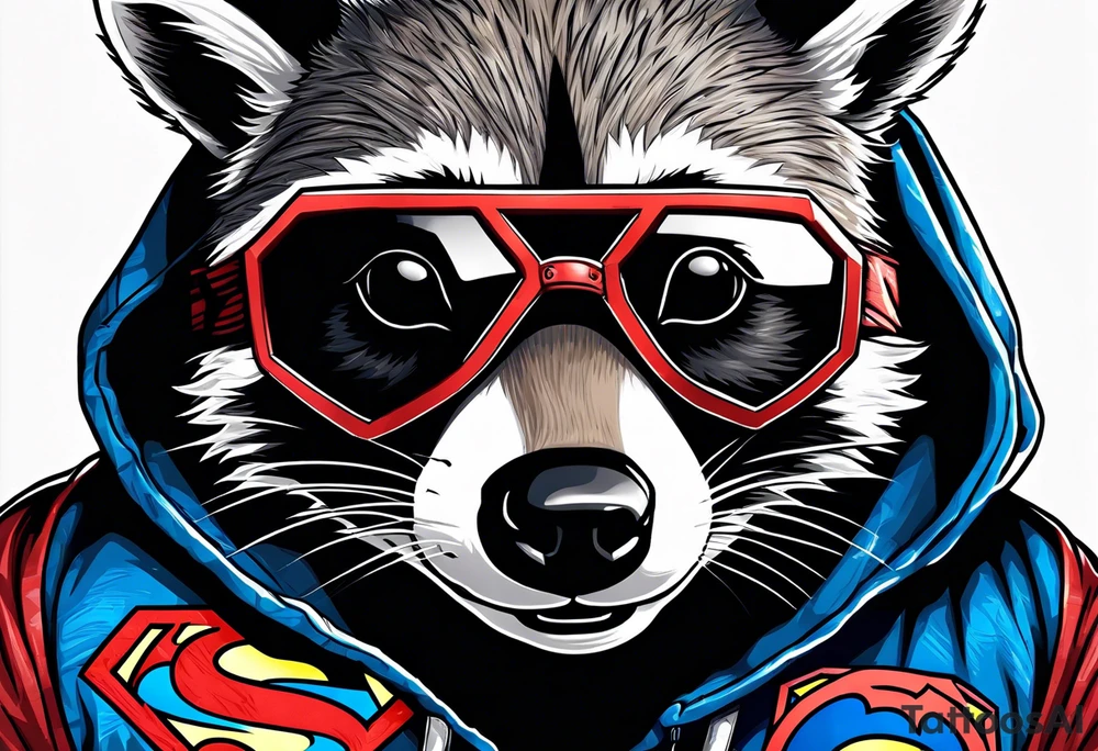 raccoon wearing a Superman hoodie tattoo idea