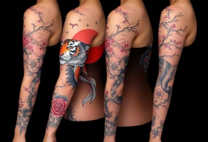 Beautiful full sleeve with a koi fish, tiger, sun, and cherry blossom tree tattoo idea