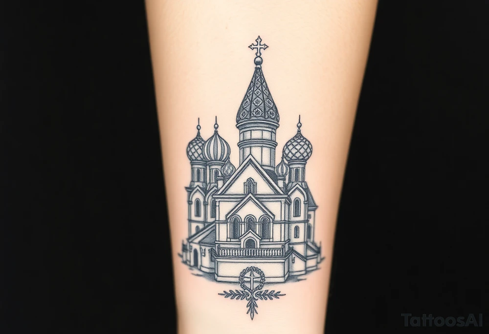 in a dorsal view a detailed orthodox church with onion domes and a band at the front with mist shrouding the top and fading into a virgin mary overlooking above at the top tattoo idea