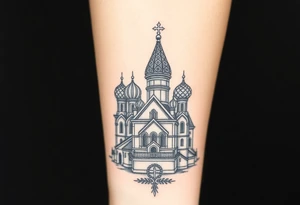 in a dorsal view a detailed orthodox church with onion domes and a band at the front with mist shrouding the top and fading into a virgin mary overlooking above at the top tattoo idea