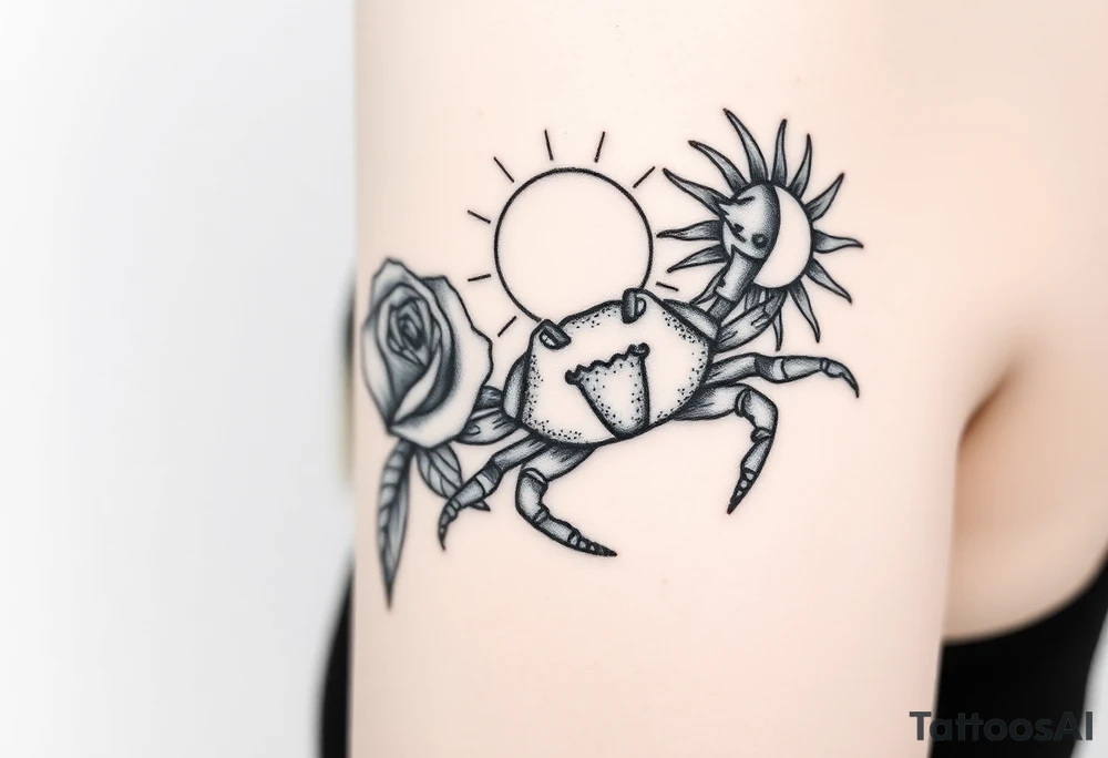 Rose and sun and crab tattoo idea