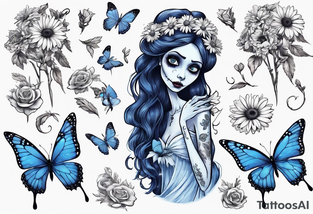 corpse bride Emily holding a bouquet of flowers. one white daisy in the bouquet. one blue butterfly. A full moon on the background. full grown tattoo idea
