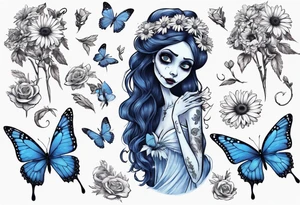 corpse bride Emily holding a bouquet of flowers. one white daisy in the bouquet. one blue butterfly. A full moon on the background. full grown tattoo idea