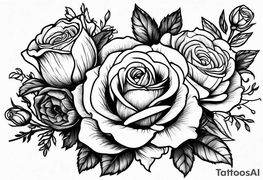 line drawing of rose, violet, larkspur and aster bouquet tattoo idea