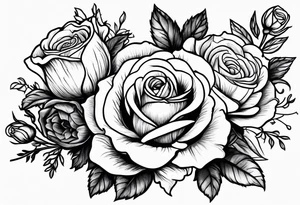 line drawing of rose, violet, larkspur and aster bouquet tattoo idea