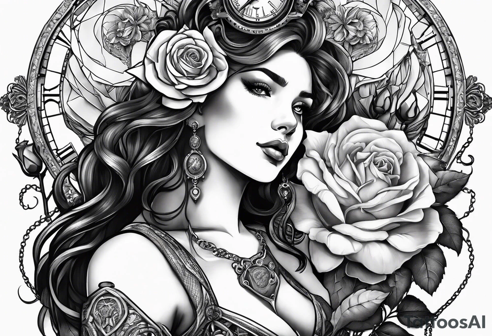 Women holding a mechanical heart roses, time watch, lion, strength tattoo idea