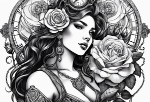 Women holding a mechanical heart roses, time watch, lion, strength tattoo idea