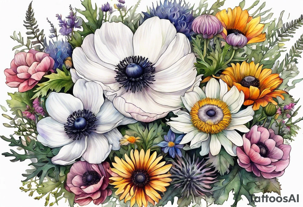 one white anemone with black center in the middle of mixed colorful wildflowers all with different shapes including thistles, ferns, ranuculus, and sun flowers all in watercolor tattoo idea