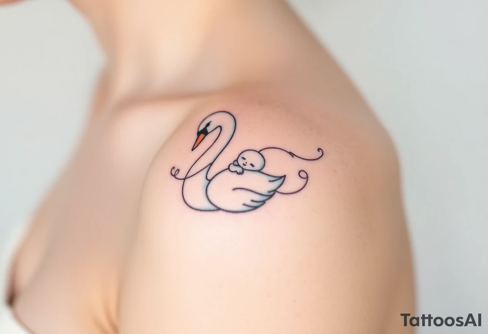 A swan with her baby nestled in her wings, in soft white and light blue hues, symbolizing purity and warmth tattoo idea