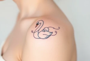 A swan with her baby nestled in her wings, in soft white and light blue hues, symbolizing purity and warmth tattoo idea