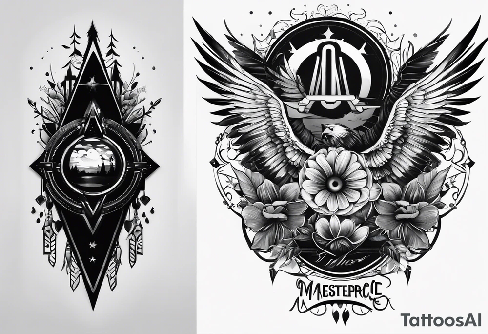 a half-sleeve black and white tattoo idea that incorporates mental health awareness, a passion for EDM music, a first responder past, and keeping a positive mindset. I want everything designed into each other thing tattoo idea