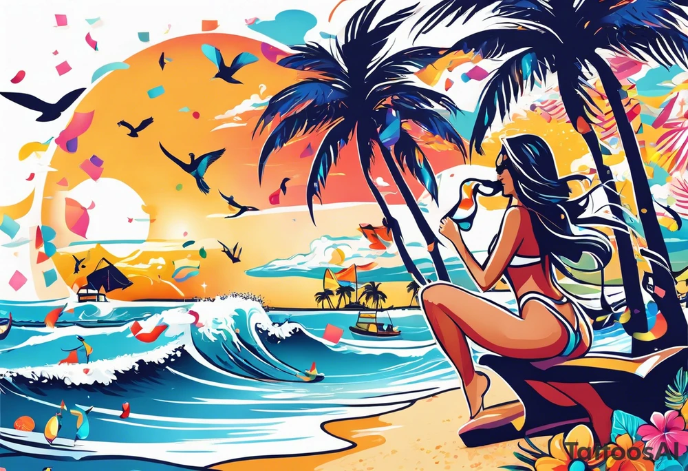 SURFING SAFARI BEACH DANCE 
PARTY WITH CONFETTI AND MUSIC NOTES, TROPICAL DRINKS, SEXY BIKINIS tattoo idea