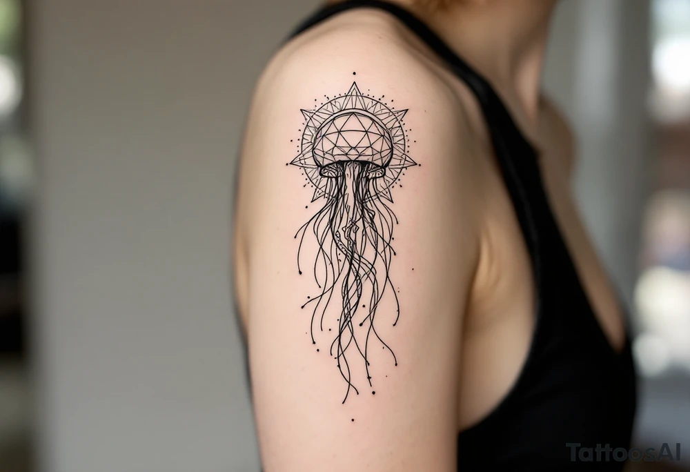 minimal fine-line tattoo, single jellyfish, sacred geometry surround, dotwork patterns, jellyfish bell dome, flowing tentacles, trailing streamers, geometric mandala, radiating dotwork, minimalist design, black grey lines, soft shading, no outlines, geometric frame, organic jellyfish form, upper arm shoulder placement, light airy feel, delicate linework, geometric backdrop, clean lines, radiating patterns, simple jellyfish centerpiece, minimalist, psychedelic tattoo idea